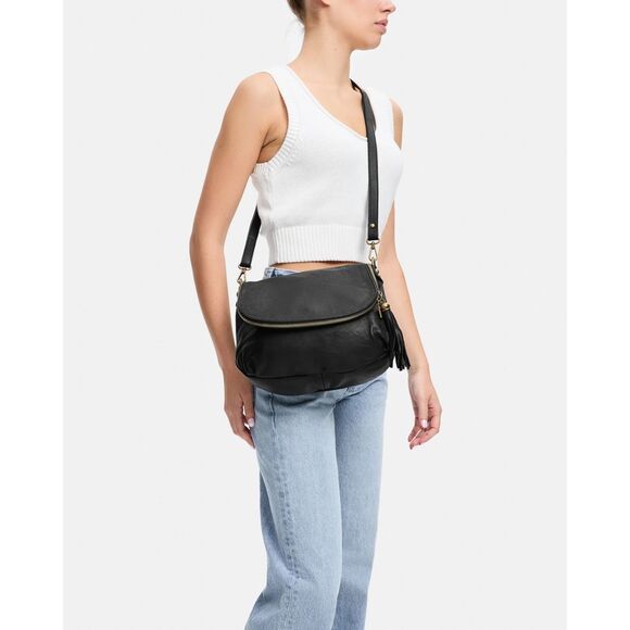 MODA LUXE Black Pebbled Faux Leather Crossbody Shoulder Bag with Gold Hardware - Picture 1 of 12
